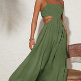 Solid Color Woven Backless Tie-Waist Dress For Vacation