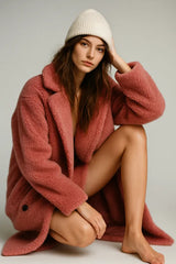 Cozy oversized teddy coat for women - soft pink faux shearling winter outerwear