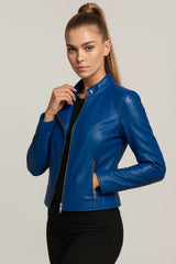 Women's blue faux leather biker jacket with zipper – modern street style