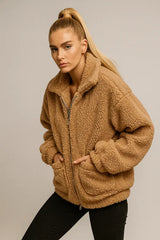 Women's oversized brown teddy faux fur zip jacket - cozy casual outerwear
