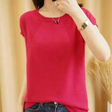 Women's Short Sleeve Knit Top-Red-1