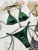 Rhinestone Decor Halter Neck Bikini Set-Forest-1