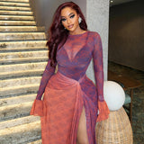 Women's Lightweight Sheer High-Low Skirt Round Neck Ruffled Long Sleeve Dress