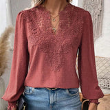Lace Lantern Sleeve V-Neck Blouse