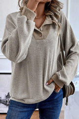 Contrast Quarter Button Round Neck Long Sleeve Top-5