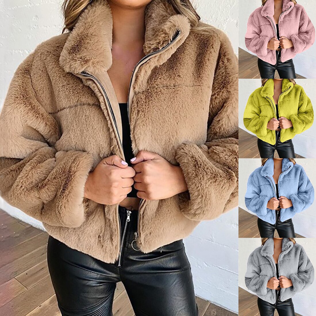 Plush Stand Collar Short Coat