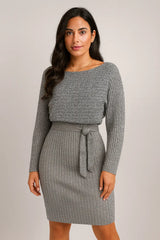 Fato 2pcs Top de manga comprida de riscas sólidas para mulher e saia justa com suspensório Moda outono inverno Roupa fina