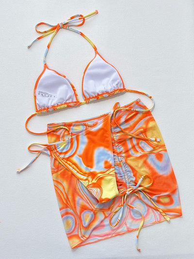 Multicolored Drawstring Ruched Three-Piece Swim Set