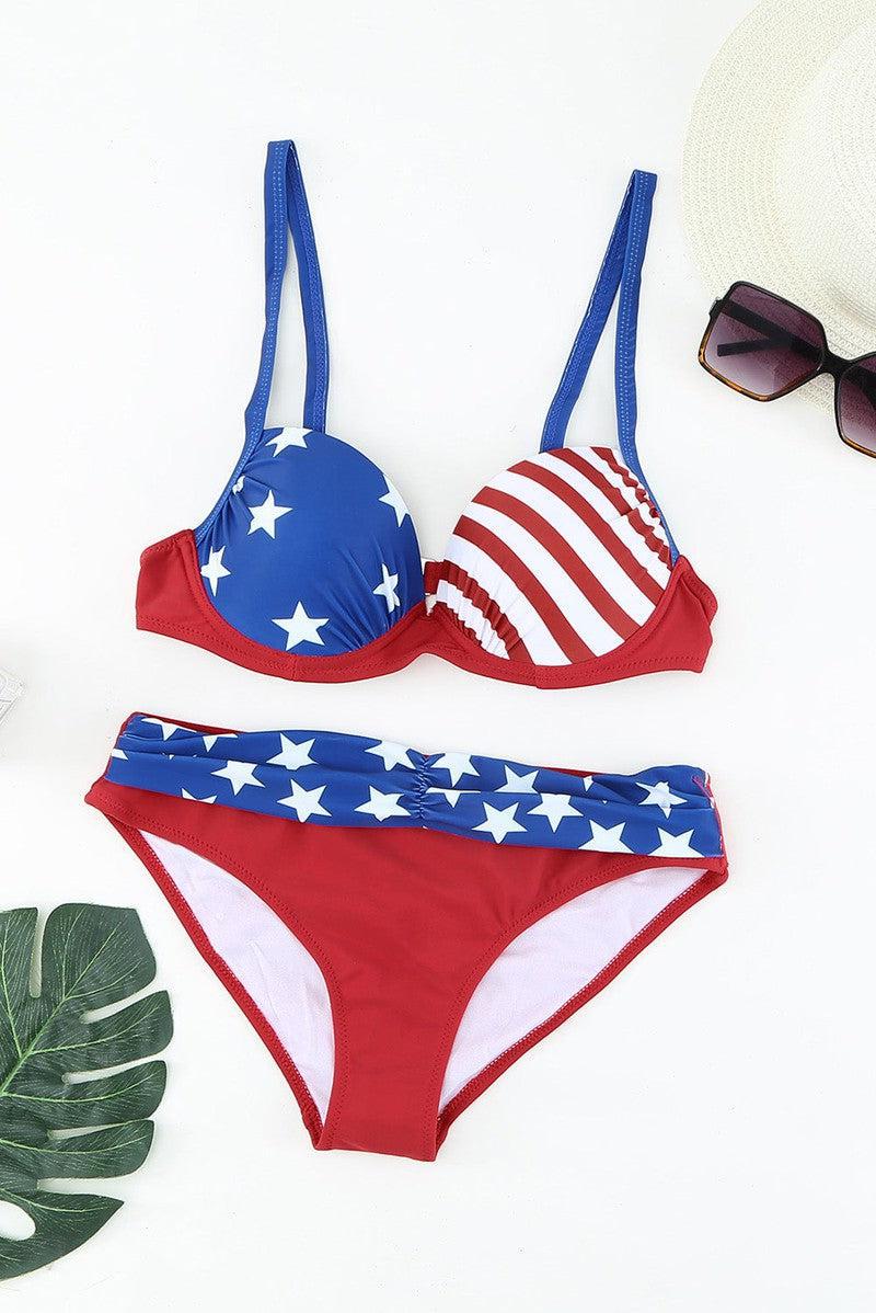 Ruched Bikini Set-Red/Blue-31