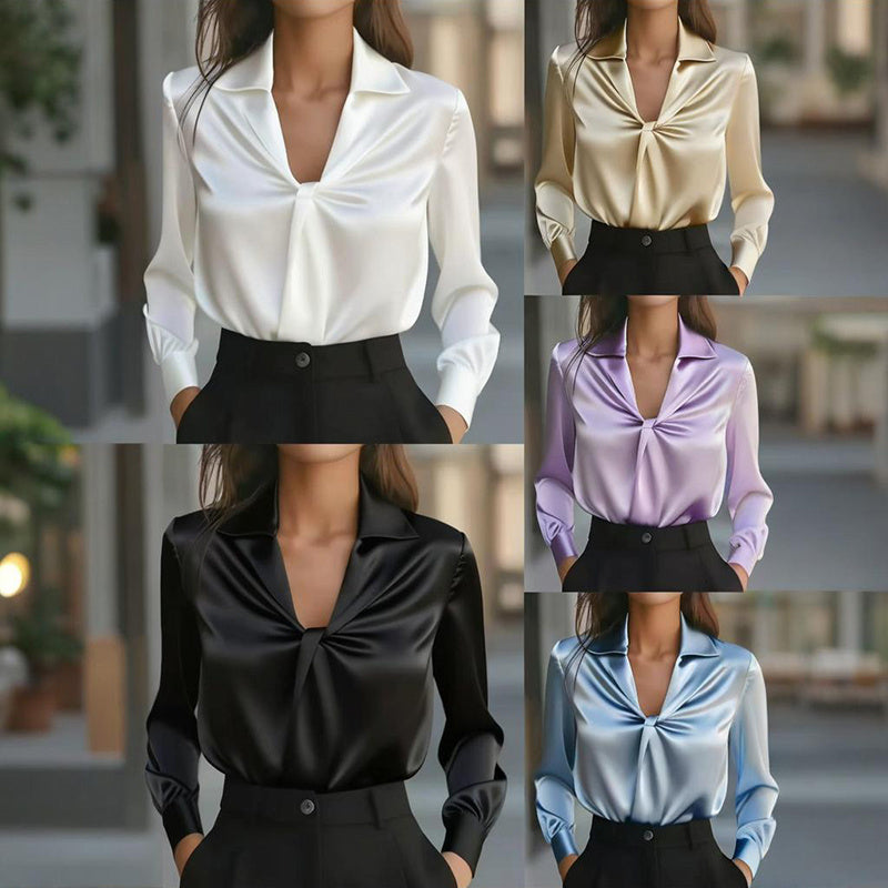 Satin Ruffle V-Neck Blouse