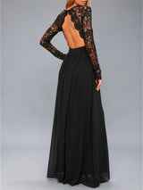 Lace Detail Backless Long Sleeve Maxi Dress-2