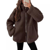 Winter Lapel Zip-Up Fleece Coat – Casual Solid Color Jacket with Pockets | Cozy Long-Sleeve Outerwear for Women-Brown-3