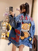 Oversized Denim Jacket with Cartoon Embellishments – Vibrant Street Style-Blue-5