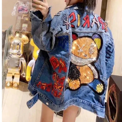 Oversized Denim Jacket with Cartoon Embellishments – Vibrant Street Style