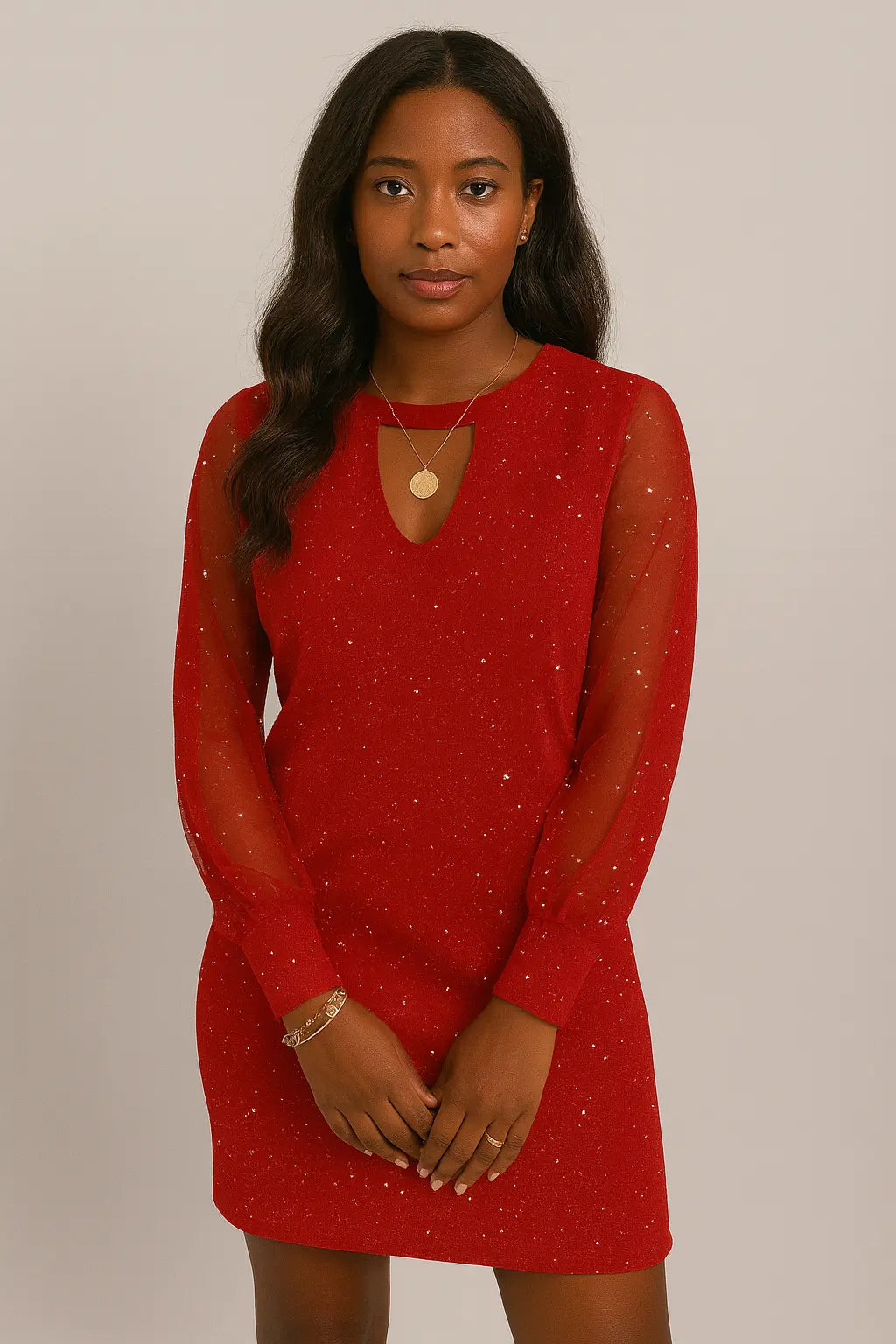 Vestido de manga comprida com decote em V primavera e outono Novo estilo de vestido com renda para roupa de mulher