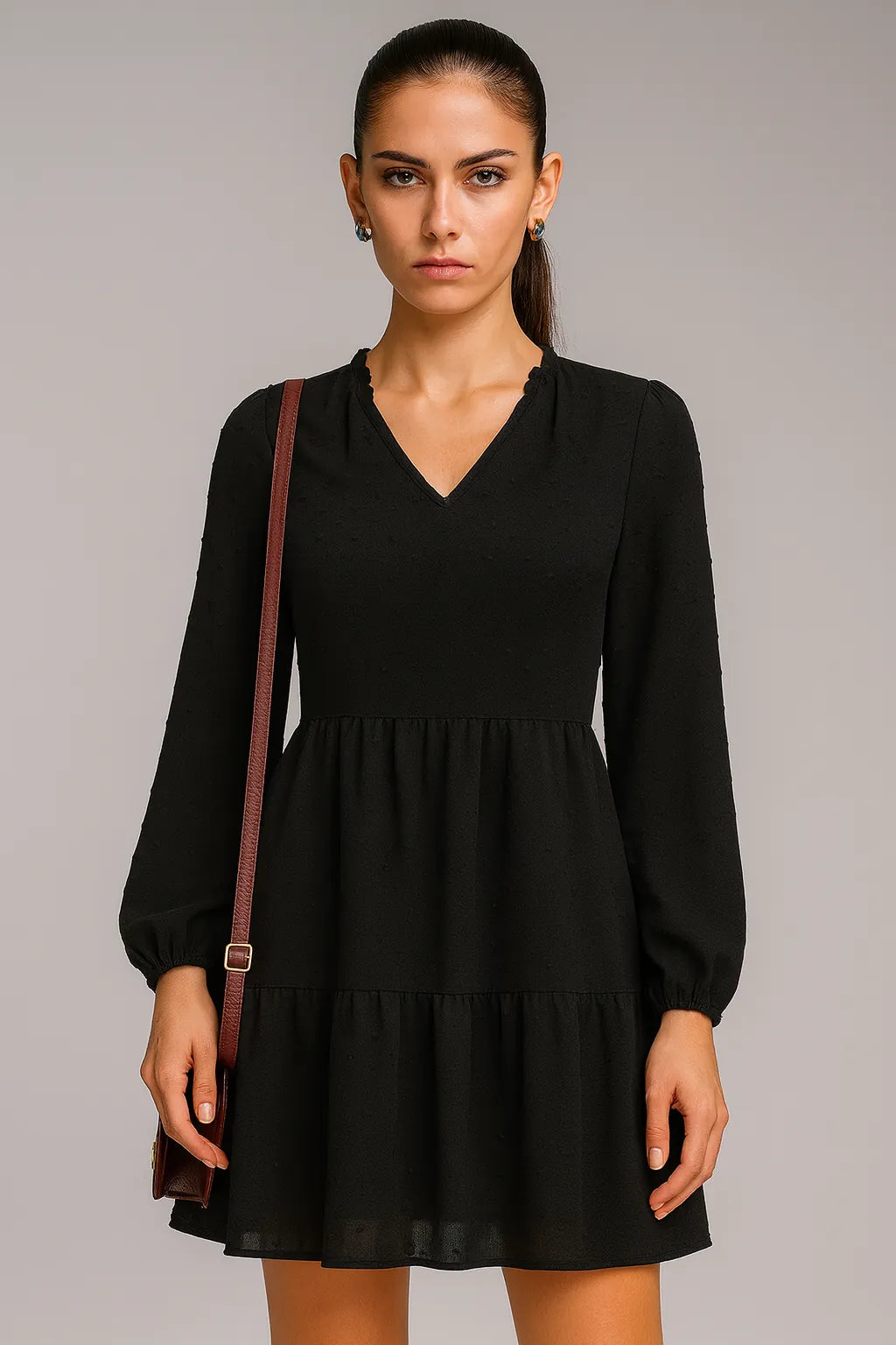 Vestido em chiffon de manga comprida com decote em V em linha A Original