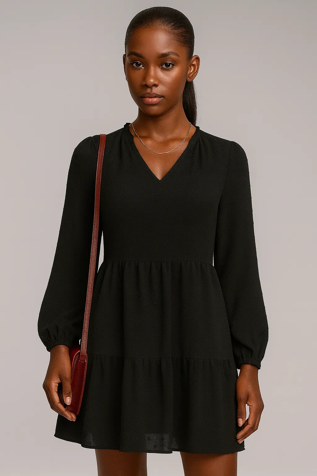 Vestido em chiffon de manga comprida com decote em V em linha A Original