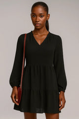 Vestido em chiffon de manga comprida com decote em V em linha A Original