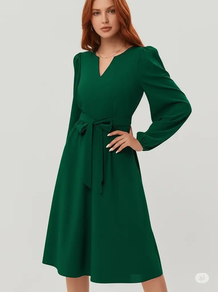 outono e inverno Roupas femininas europeias e americanas Vestido de manga comprida com decote em V pequeno e renda