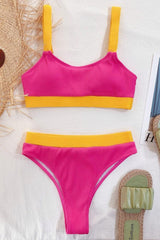 Color Block Scoop Neck Bikini Set-Hot Pink-2