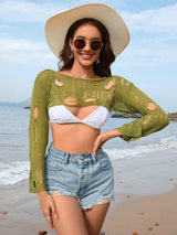 Distressed Boat Neck Long Sleeve Cover Up-Matcha Green-6