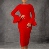 Fashion Solid Color Sheath Bell Sleeve OL African Dress