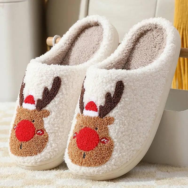 Christmas Shoes Winter Home Slippers Elk Soft Cozy Bedroom-Red-9