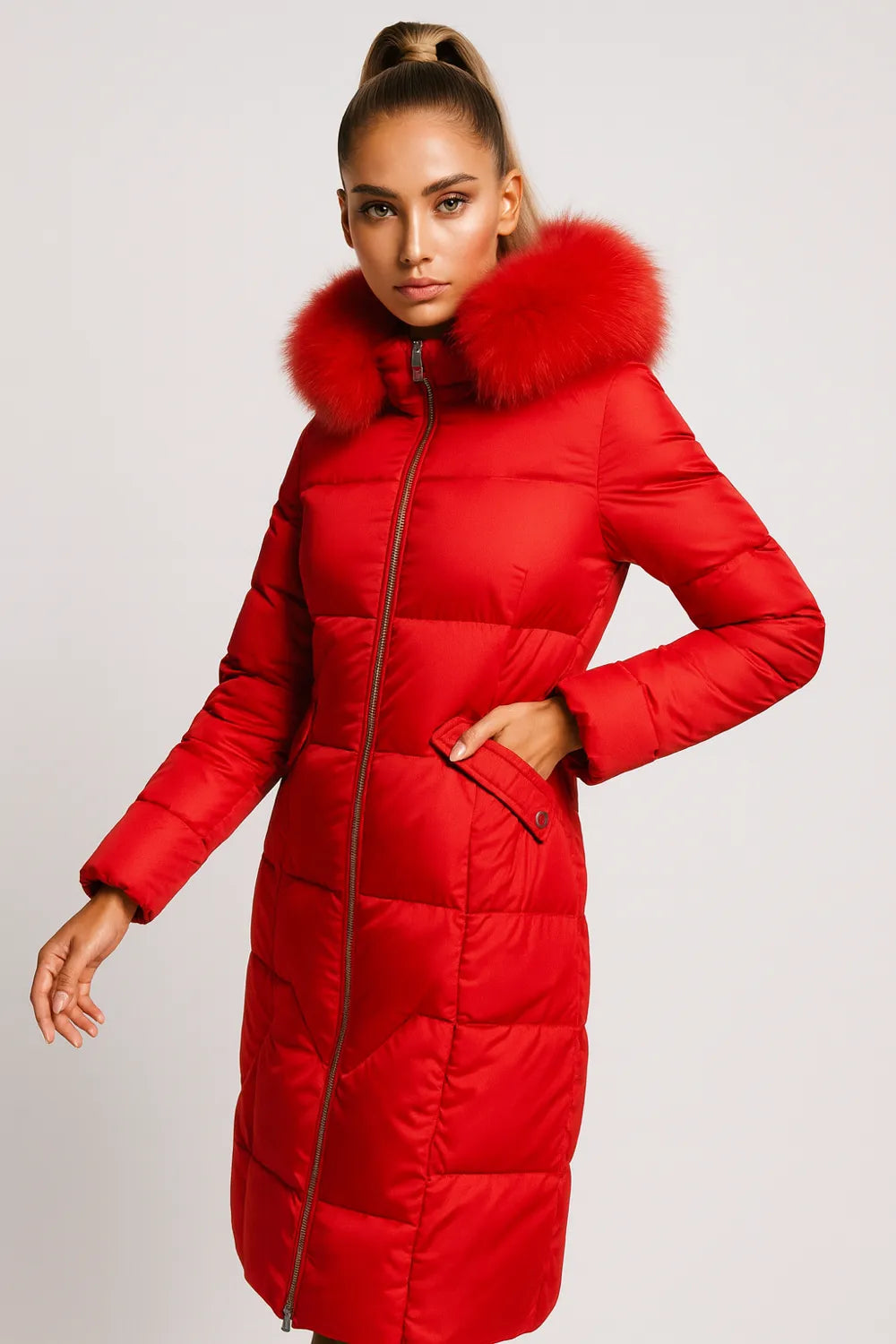 Women's long red puffer coat with faux fur hood winter fashion