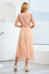 Sequin Leaf Embroidery Tie Front Short Sleeve Dress-25