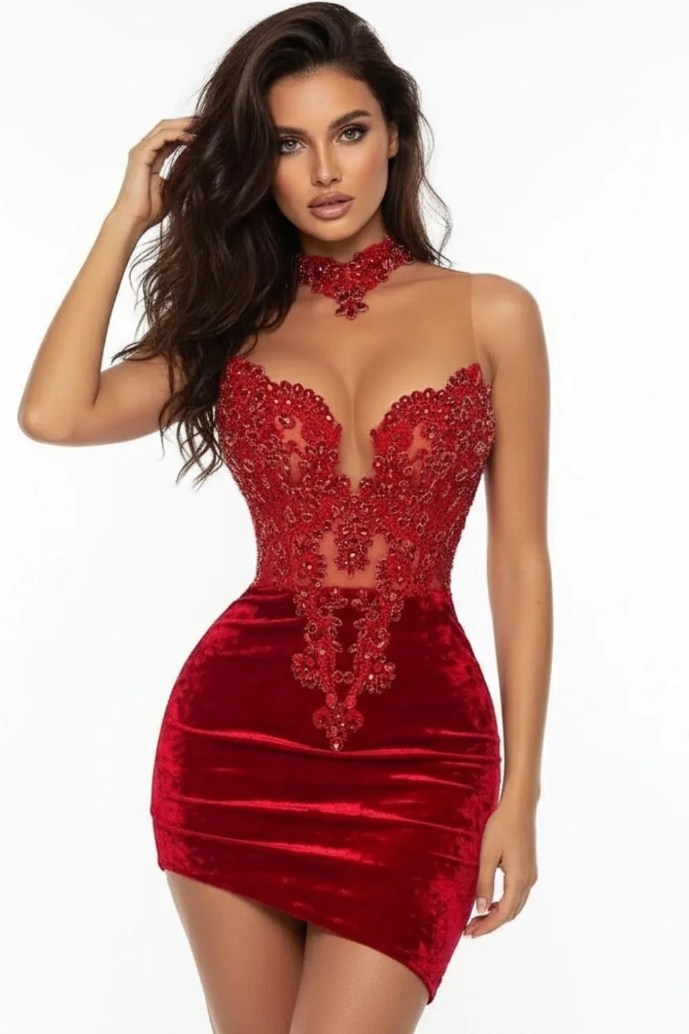 Red velvet mini dress with lace embroidery, glamorous cocktail outfit for women