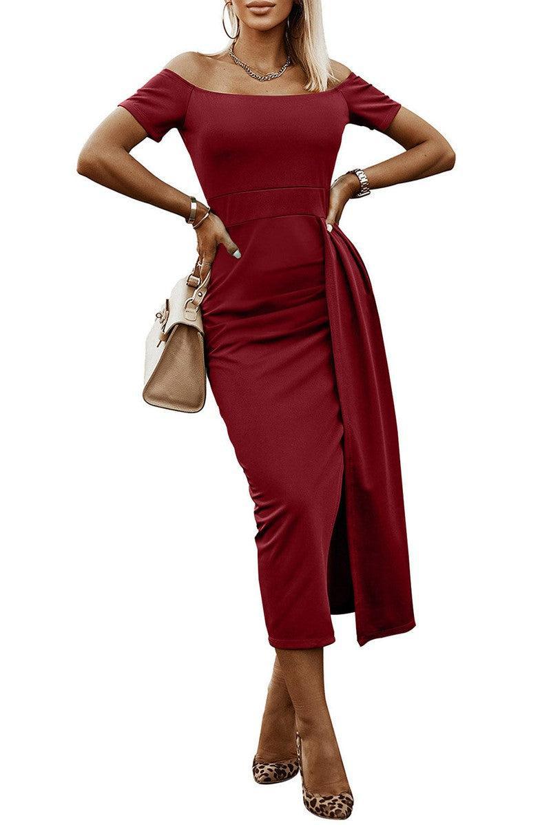 Off-Shoulder Short Sleeve Split Dress-Deep Red-39