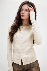 Basic Bae Texture Button Up Round Neck Long Sleeve Top-Beige-3