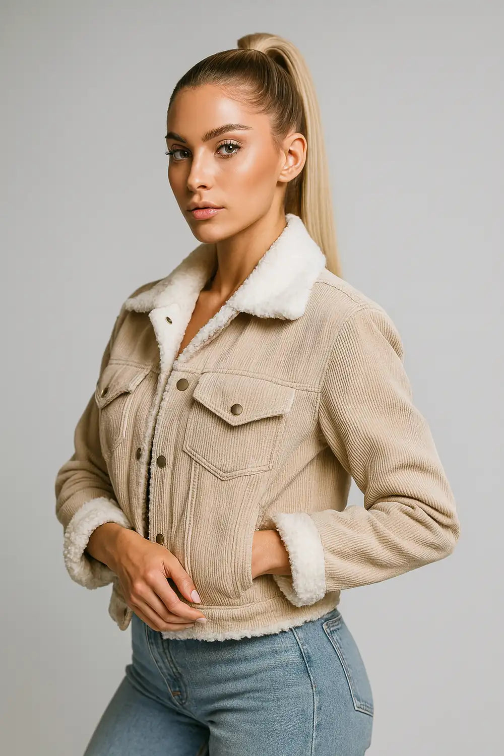 Women's beige corduroy jacket with faux shearling lining – cozy casual outerwear