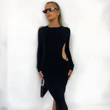 Solid Color Casual Backless Long Sleeve Strap Slim Long-Black-1