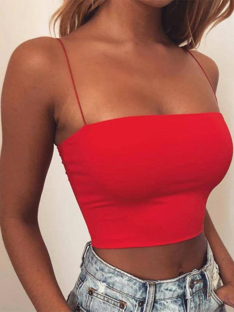 2024 New Fashion Women Spaghetti Strap Crop Top Sexy Bodycon-Red-2