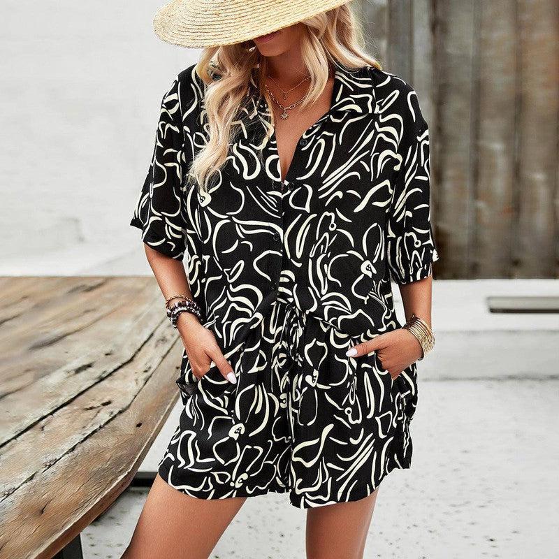 2Pcs Casual Printed Suits Short-sleeved Shirt And Drawstring-Black-3