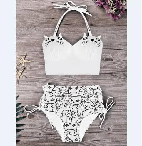 3D Beautiful Cats Print Waist Women High Bikini Swimwear-White-2