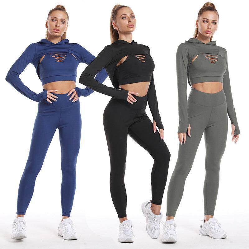 3pcs Sports Suits Long Sleeve Hooded Top Hollow Design-2