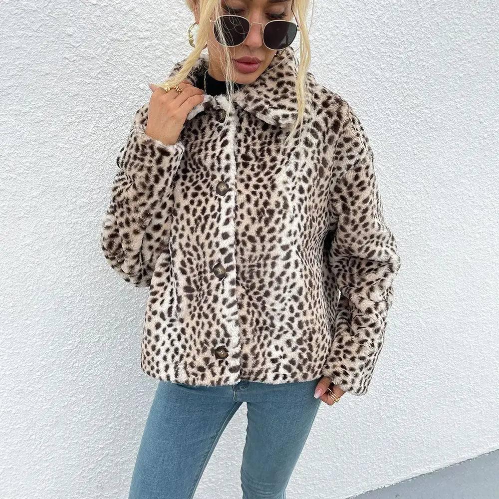 Artificial Leopard Print Faux Fur Thickening-Khaki-1