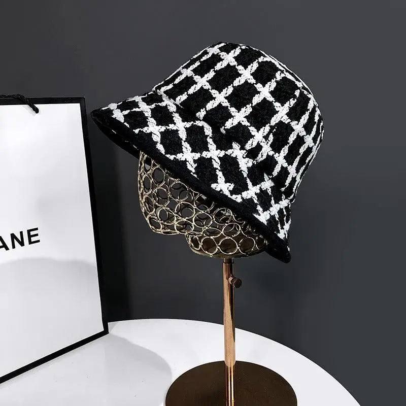 Black Plaid Knitted Fisherman Hat Female Retro Fashion-Black-3