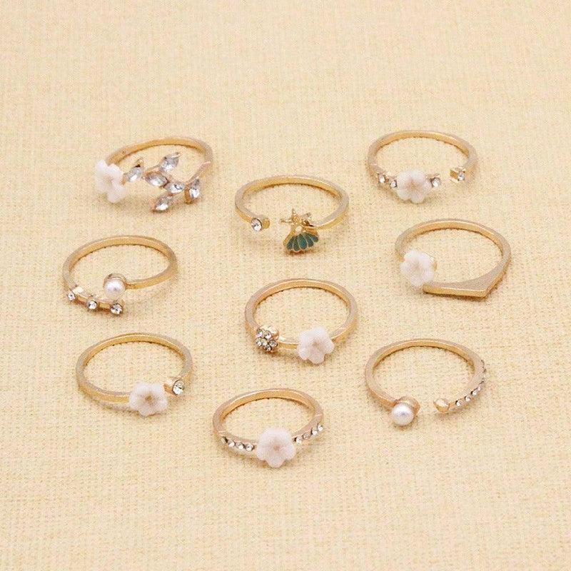 Bohemian Flower Pearl And Diamond 9-piece Ring Joint Ring-3