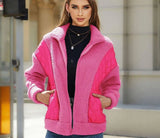 Cardigan Zipper Plush Stitching Women's Coat-Pink-3