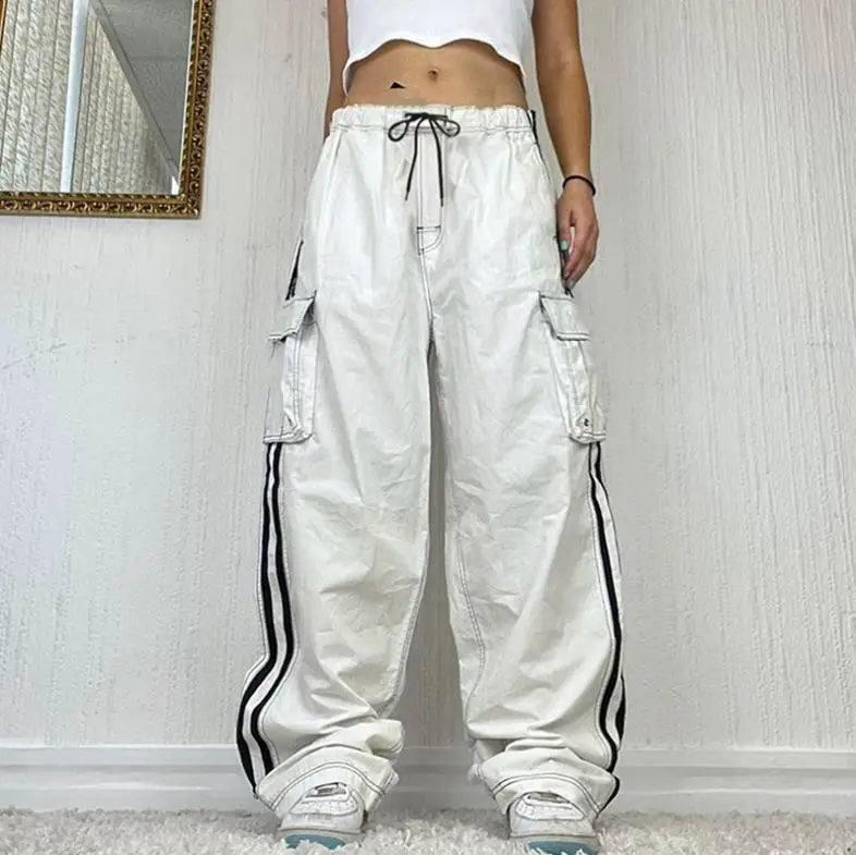 Cargo Pants For Women With Pockets Y2K Streetwear Going Out-White-1