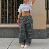 Casual Cargo Pants For Women Solid Color Drawstring Pocket-Grey-4