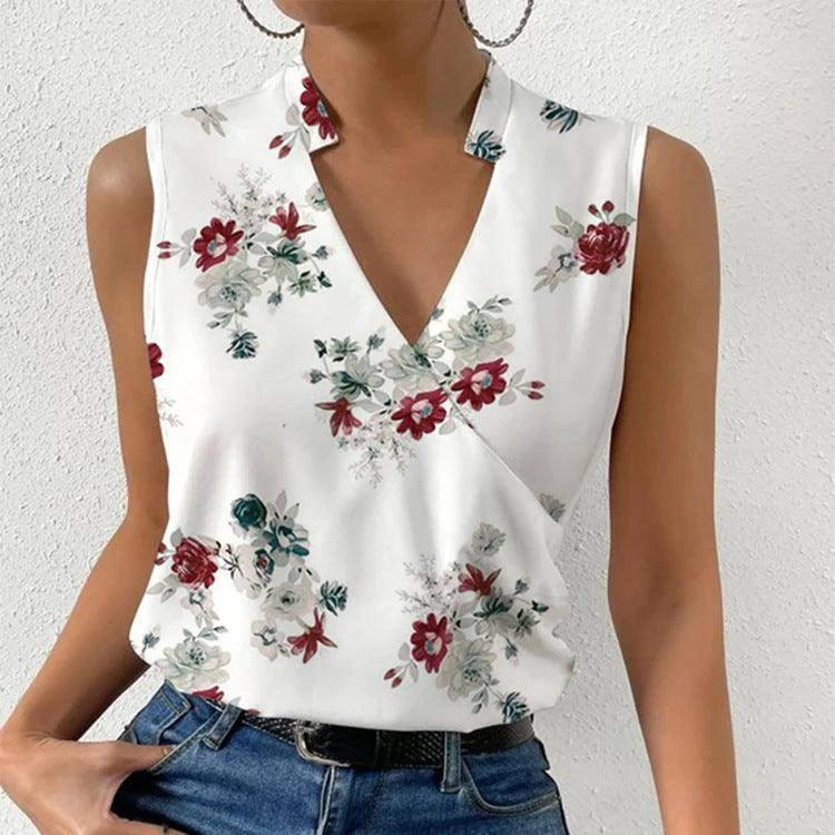 Casual Printed Tops Summer V-neck Sleeveless T-shirt Womens-Figure 2-2