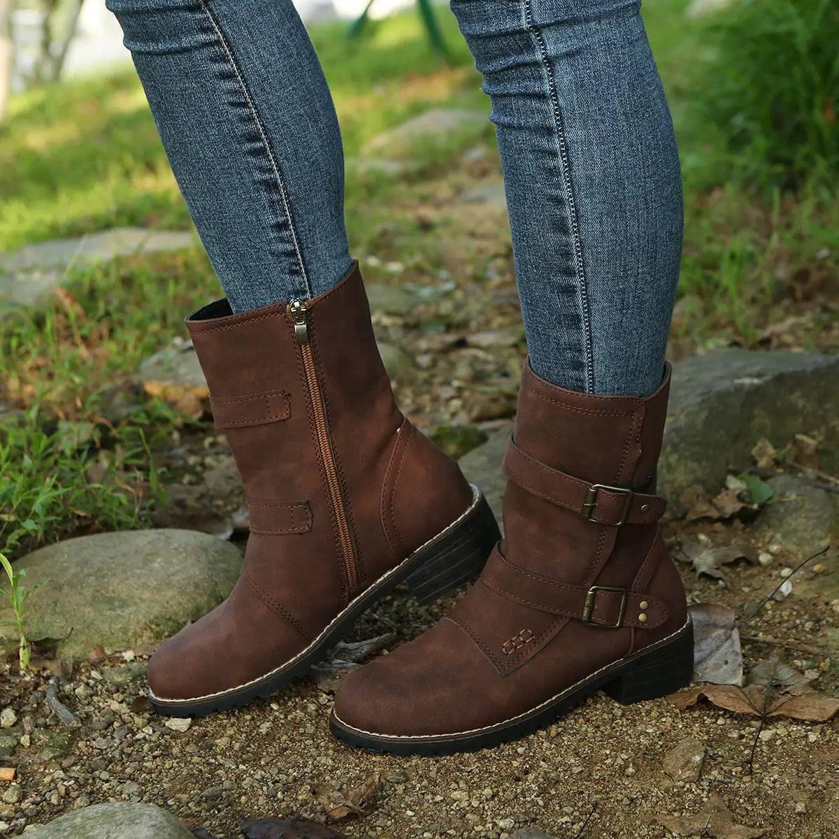 Casual Round Toe Belt Buckle Women Boots-Coffee color-2