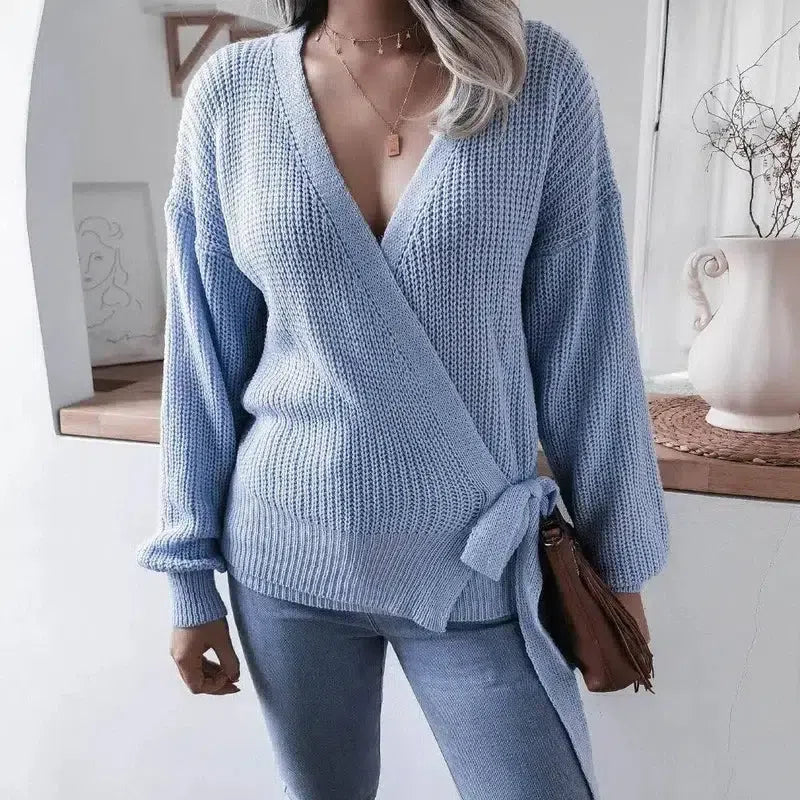 Casual V-neck tie knotted sweater sweater-Blue-7