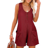 Casual Waffle Button Jumpsuit With Pockets Fashion Summer-Wine Red-5