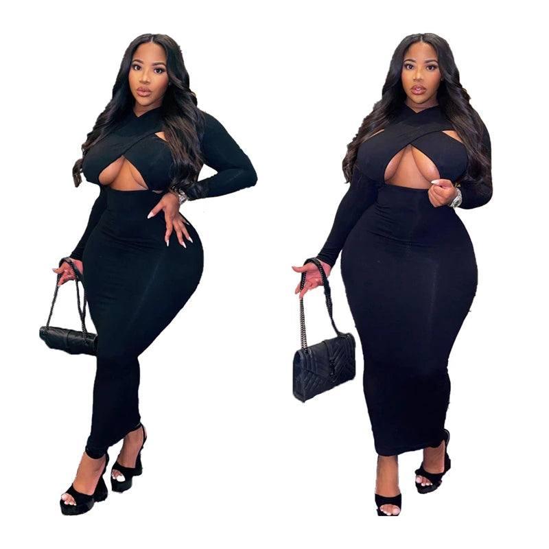 Plus Size Dresses Women Clothing Irregular Neck Clube Dress Bodycon Party Long Sleeve Midi Dress Dropshipping Wholesale-3