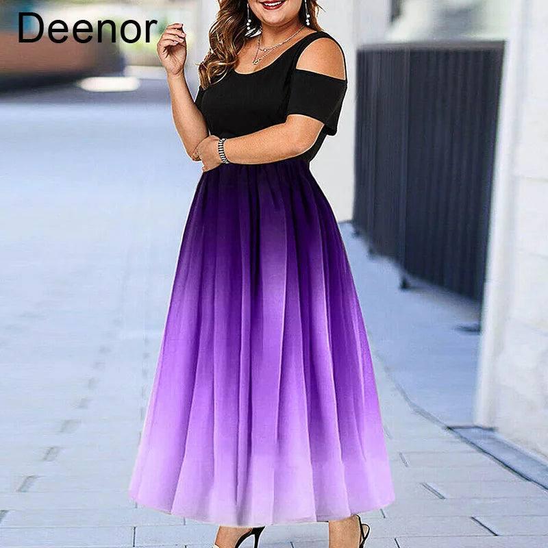 Deenor Plus Size Women Dresses Evening Party Slim Dress Gradient Off-shoulder Ruffles Vestidos 2021 Summer Brand New-4